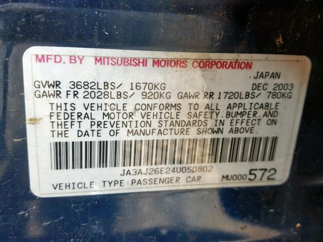 JA3AJ26E24U050802 - 2004 MITSUBISHI LANCER ES BLUE photo 10