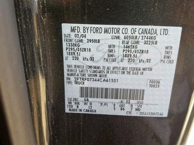 2FTRF07344CA61551 - 2004 FORD F150 SVT L BLACK photo 10