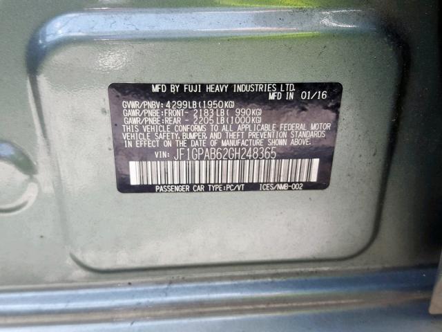 JF1GPAB62GH248365 - 2016 SUBARU IMPREZA PR GREEN photo 10