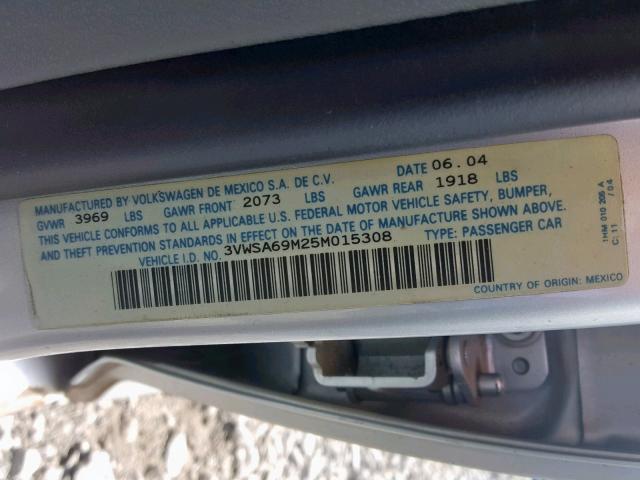 3VWSA69M25M015308 - 2005 VOLKSWAGEN JETTA GLS GRAY photo 10