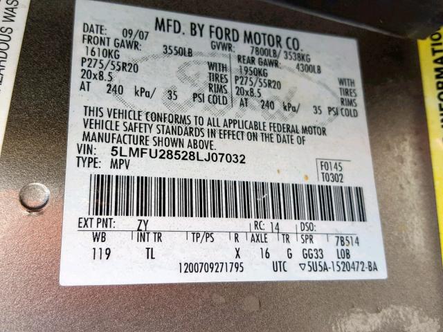 5LMFU28528LJ07032 - 2008 LINCOLN NAVIGATOR 银色 照片 10