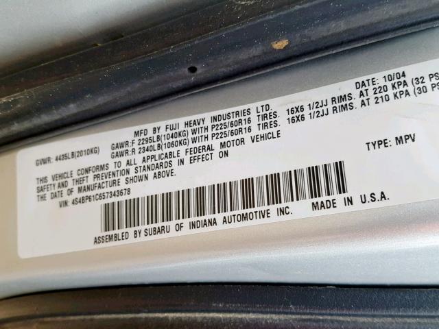 4S4BP61C657343678 - 2005 SUBARU LEGACY OUT SILVER photo 10