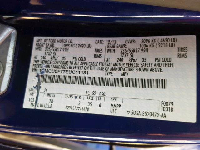 1FMCU0F77EUC11181 - 2014 FORD ESCAPE S BLUE photo 10