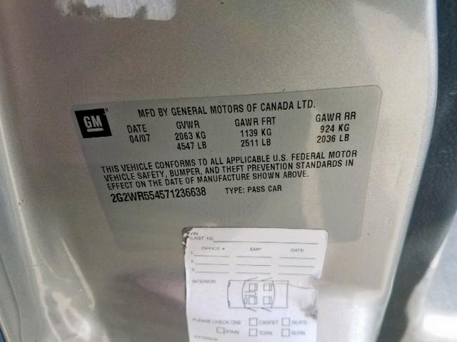 2G2WR554571236638 - 2007 PONTIAC GRAND PRIX SILVER photo 10