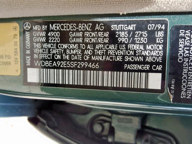 WDBEA92E5SF299466 - 1995 MERCEDES-BENZ E 320 GREEN photo 10