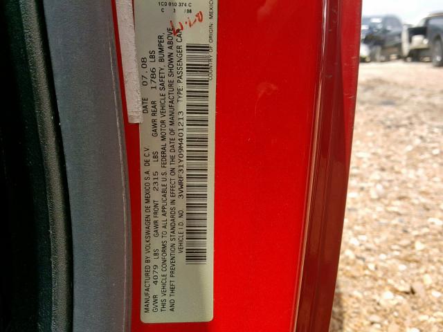 3VWRF31Y09M401213 - 2009 VOLKSWAGEN NEW BEETLE წითელი ფოტო 10