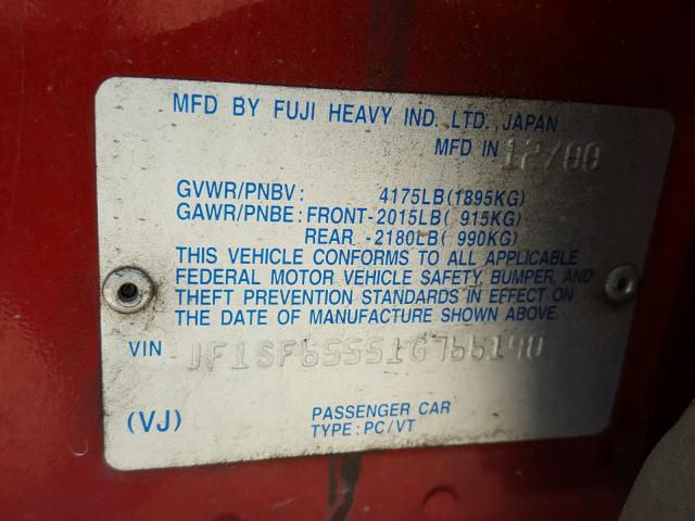 JF1SF65551G766190 - 2001 SUBARU FORESTER S RED photo 10