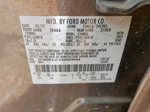 2FMDK3JCXABB09664 - 2010 FORD EDGE SEL GRAY photo 10