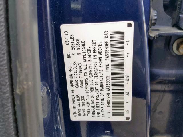 1HGCP2F81AA153002 - 2010 HONDA ACCORD EXL BLUE photo 10