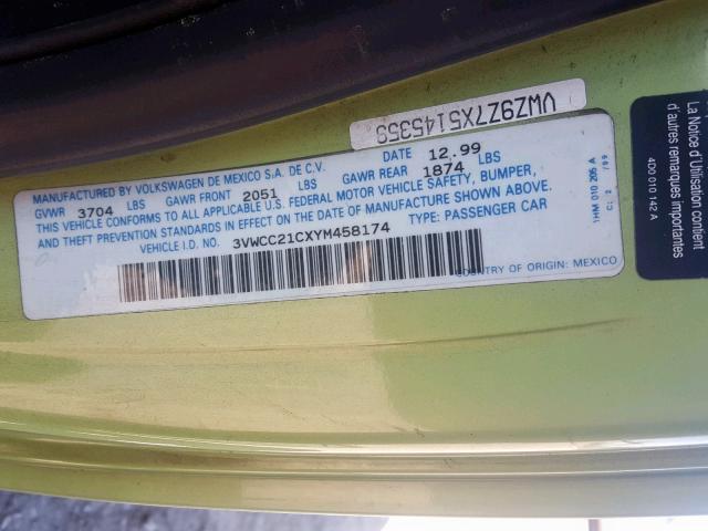 3VWCC21CXYM458174 - 2000 VOLKSWAGEN NEW BEETLE GREEN photo 10