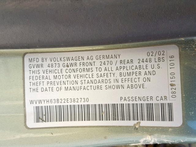 WVWYH63B22E382730 - 2002 VOLKSWAGEN PASSAT GLX GREEN photo 10