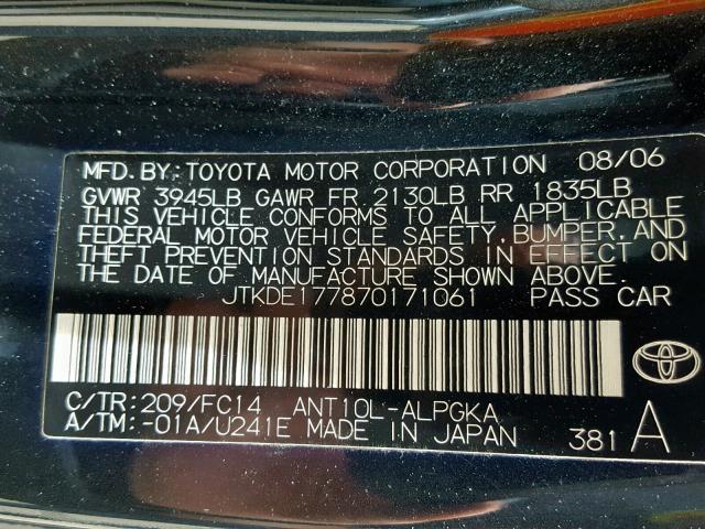 JTKDE177870171061 - 2007 TOYOTA SCION TC BLACK photo 10