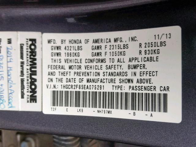 1HGCR2F85EA075291 - 2014 HONDA ACCORD EXL GRAY photo 10