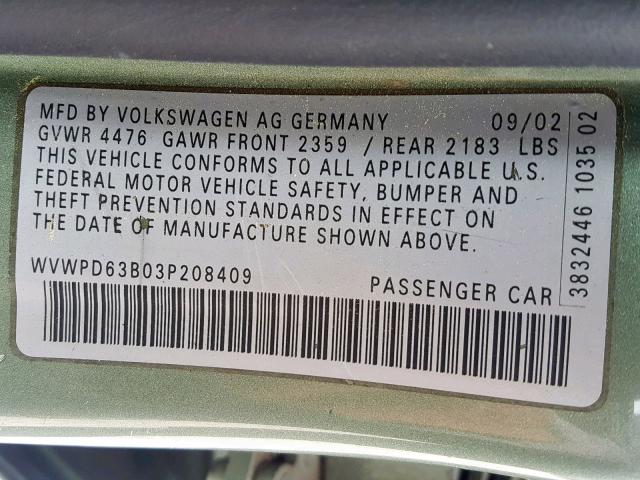 WVWPD63B03P208409 - 2003 VOLKSWAGEN PASSAT GLS GREEN photo 10