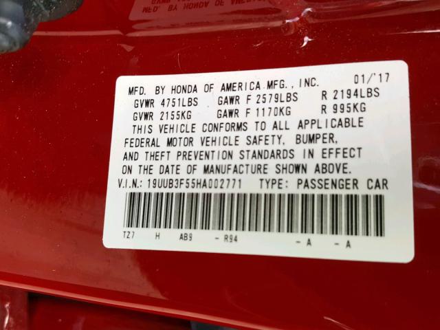 19UUB3F55HA002771 - 2017 ACURA TLX TECH RED photo 10