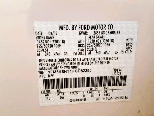 1FM5K8HT1HGD82390 - 2017 FORD EXPLORER P WHITE photo 10