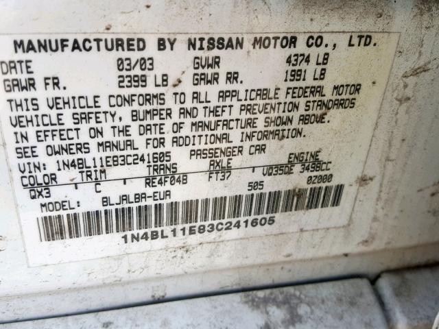 1N4BL11E83C241605 - 2003 NISSAN ALTIMA SE WHITE photo 10