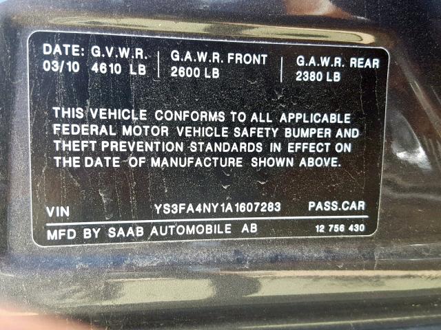 YS3FA4NY1A1607283 - 2010 SAAB 9-3 2.0T GRAY photo 10