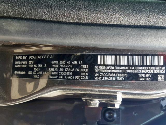 ZACCJBAB1JPH88076 - 2018 JEEP RENEGADE S ნაცრისფერი ფოტო 10