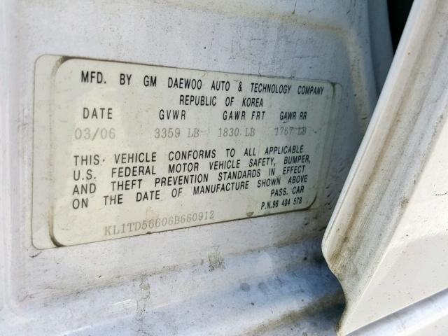 KL1TD56606B660912 - 2006 CHEVROLET AVEO BASE Ağ foto 10