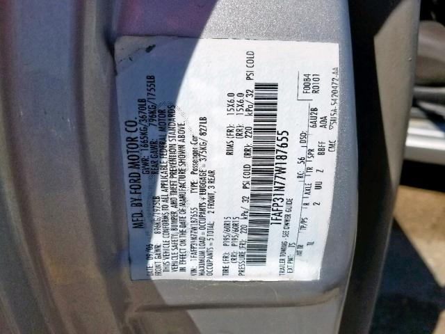 1FAFP31N77W187655 - 2007 FORD FOCUS ZX3 SILVER photo 10