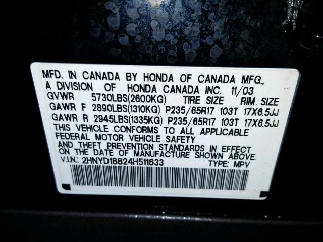 2HNYD18824H511633 - 2004 ACURA MDX TOURIN BLACK photo 10