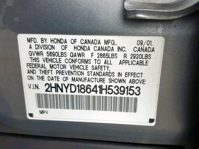 2HNYD18641H539153 - 2001 ACURA MDX TOURIN GRAY photo 10