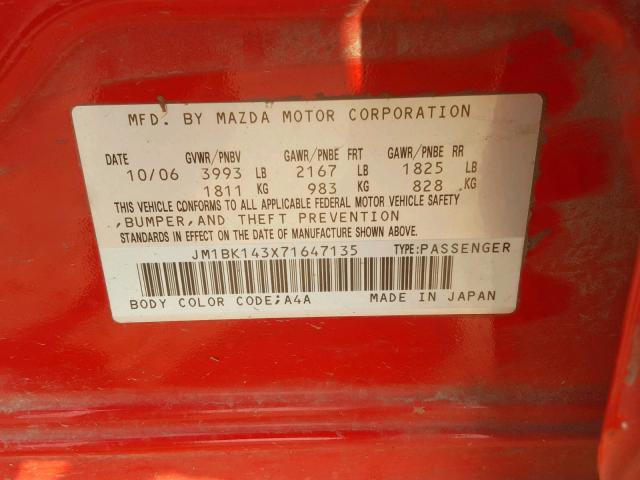 JM1BK143X71647135 - 2007 MAZDA 3 HATCHBAC RED photo 10