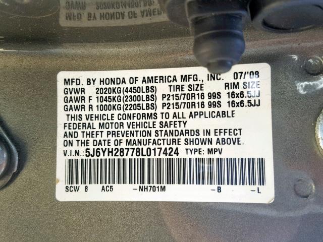 5J6YH28778L017424 - 2008 HONDA ELEMENT EX GRAY photo 10