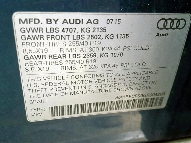 WA1BFCFS9GR004288 - 2016 AUDI Q3 PREMIUM BLUE photo 10