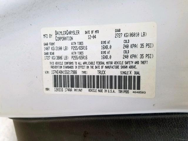 1D7HE48N15S217988 - 2005 DODGE DAKOTA QUA WHITE photo 10