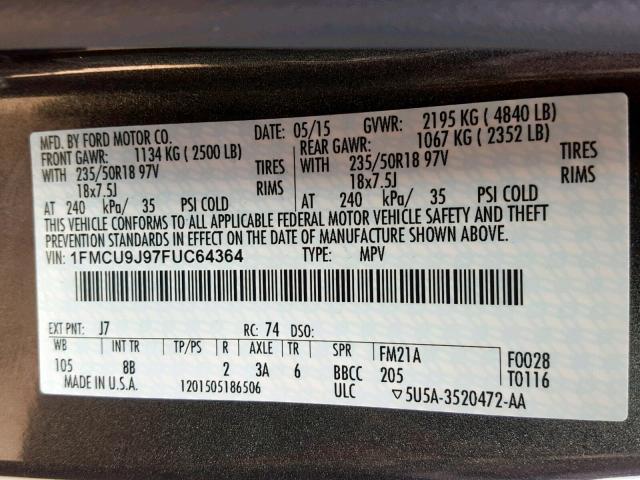 1FMCU9J97FUC64364 - 2015 FORD ESCAPE TIT GRAY photo 10