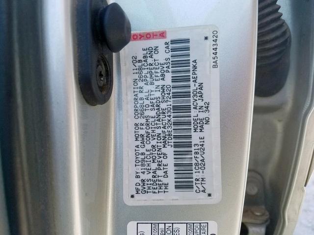 JTDBE32K430172420 - 2003 TOYOTA CAMRY LE SILVER photo 10