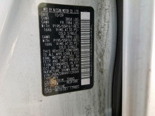 JN8AZ28R49T129349 - 2009 NISSAN CUBE BASE WHITE photo 10