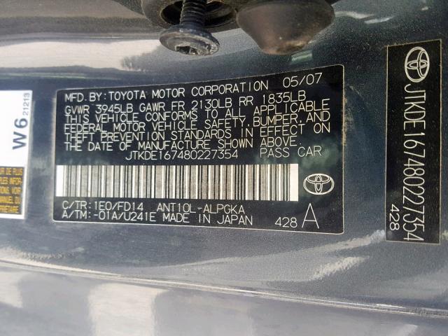 JTKDE167480227354 - 2008 TOYOTA SCION TC ნაცრისფერი ფოტო 10