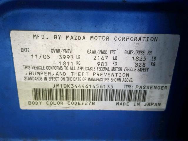 JM1BK344461456135 - 2006 MAZDA 3 HATCHBAC BLUE photo 10