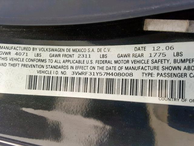 3VWRF31Y57M408008 - 2007 VOLKSWAGEN NEW BEETLE შავი ფოტო 10