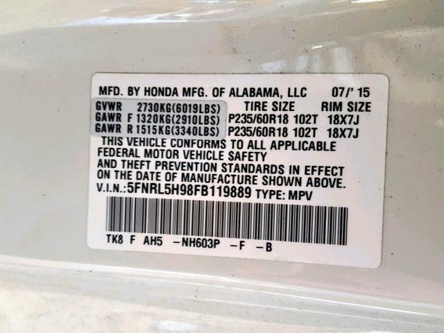 5FNRL5H98FB119889 - 2015 HONDA ODYSSEY TO WHITE photo 10