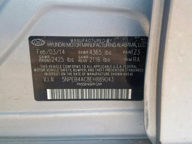 5NPEB4AC8EH889043 - 2014 HYUNDAI SONATA GLS SILVER photo 10