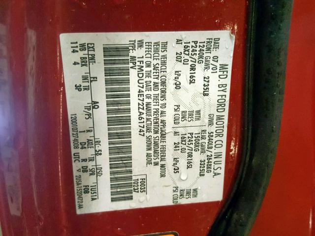 1FMDU74E72ZA61747 - 2002 FORD EXPLORER E RED photo 10