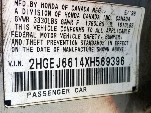 2HGEJ6614XH569396 - 1999 HONDA CIVIC BASE GRAY photo 10