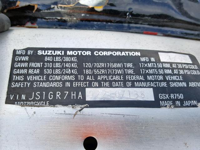 JS1GR7HA922107138 - 2002 SUZUKI GSX-R750 BLACK photo 10