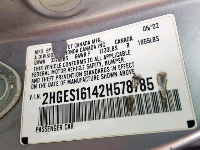 2HGES16142H578785 - 2002 HONDA CIVIC DX SILVER photo 10