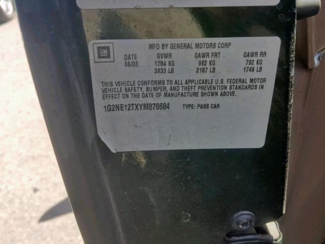 1G2NE12TXYM876684 - 2000 PONTIAC GRAND AM S GREEN photo 10