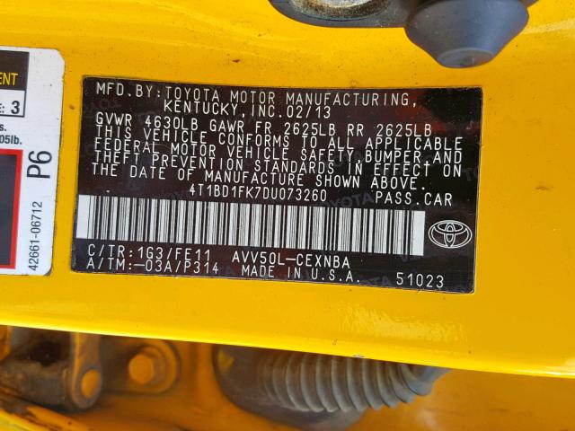 4T1BD1FK7DU073260 - 2013 TOYOTA CAMRY HYBR YELLOW photo 10