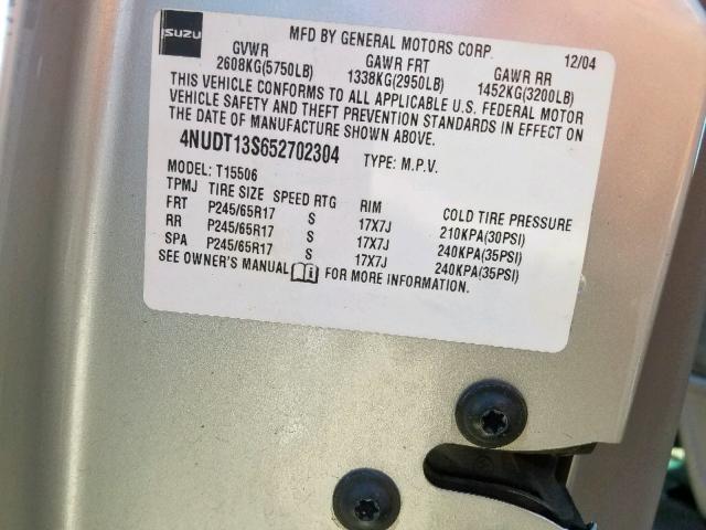 4NUDT13S652702304 - 2005 ISUZU ASCENDER S Gümüş foto 10