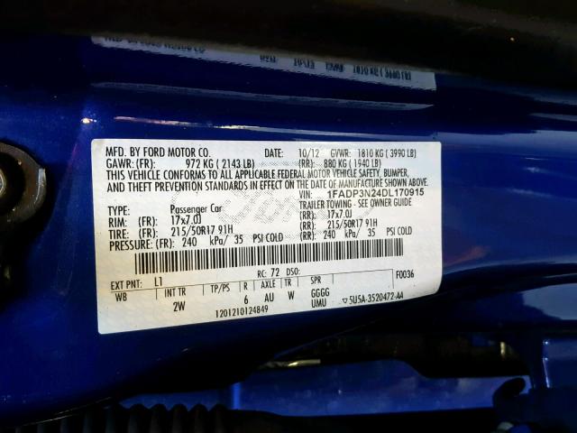 1FADP3N24DL170915 - 2013 FORD FOCUS TITA BLUE photo 10