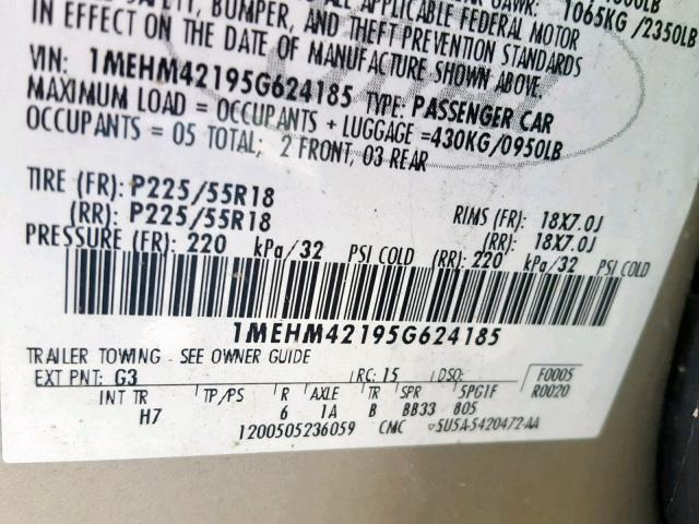 1MEHM42195G624185 - 2005 MERCURY MONTEGO PR 米色 照片 10