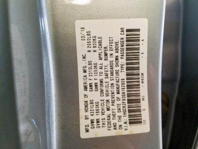 1HGCR2F80GA162809 - 2016 HONDA ACCORD EXL SILVER photo 10