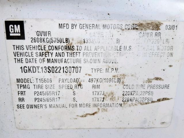 1GKDT13S022130707 - 2002 GMC ENVOY WHITE photo 10